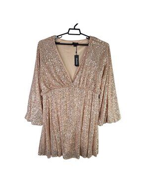 Womens Boohoo Rose Gold Sequin Mini Dress Flared Sleeves V-Neck Plus Size 18